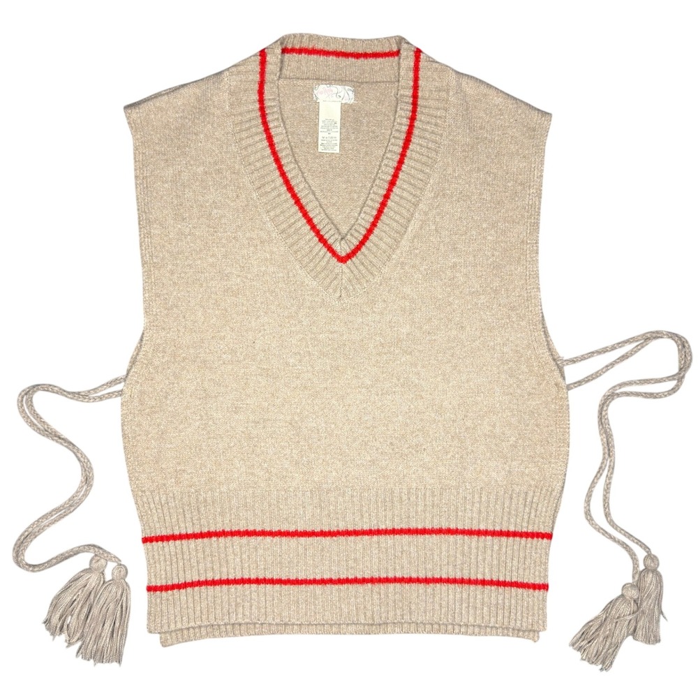 Free People All Star Stripe Poncho Sweater Vest Side Tie Tassel Taupe Red OS